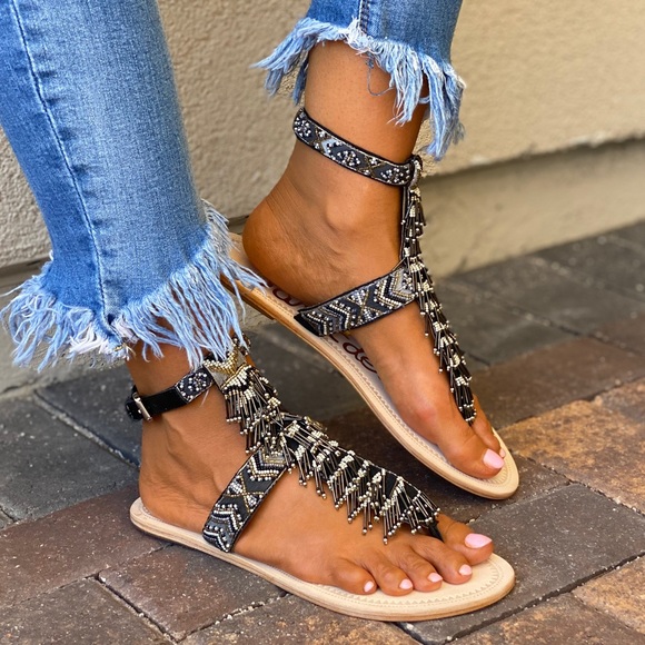 Leather Hand Beaded Gladiator T Strap Sandals - Picture 7 of 14